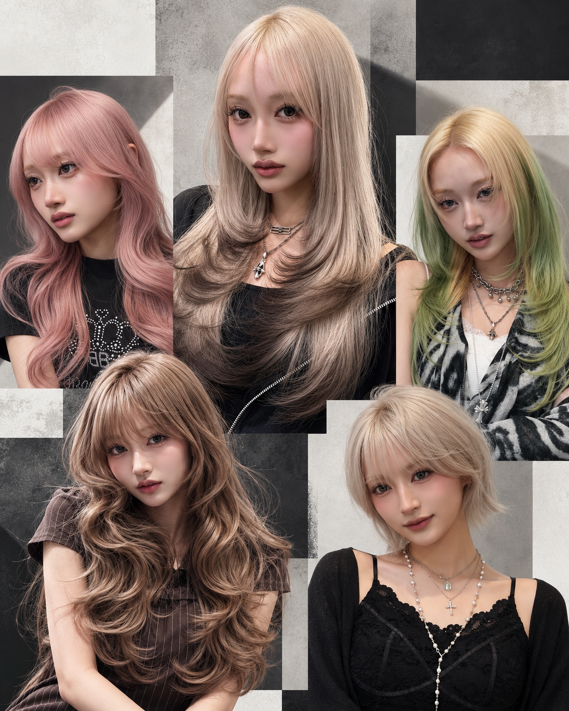MONIQAの5つのヘアスタイルをまとめたファッションコラージュ